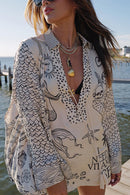 Collared V Neck Shirt and Side Slit Shorts Vitamin Sea Print Set
