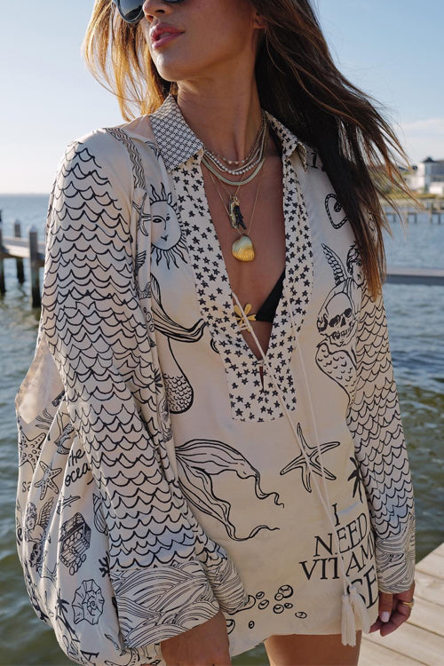 Collared V Neck Shirt and Side Slit Shorts Vitamin Sea Print Set