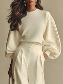 Ivory Ribbed Crew Neck Top And High-waisted Wide-leg Pants Suit