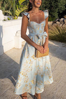 Ruffled Shoulder Bow Knot Waist Slit Printed Vintage Party Dress