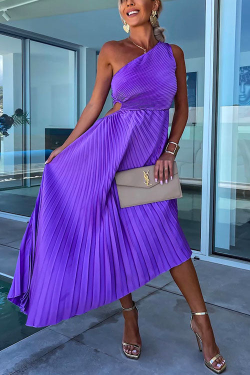 One Shoulder Cut Out Waist Irregular Pleated Party Dress