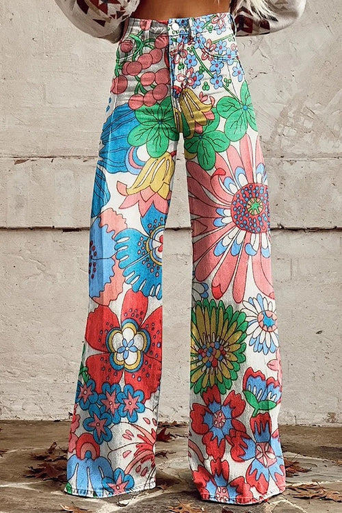 Vintage Floral Print Wide Leg Pants