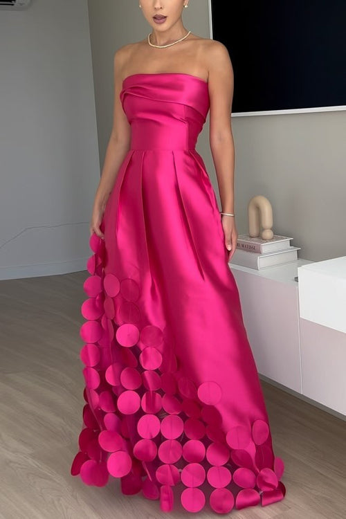 Strapless Waisted Polka Dot Applique Maxi Party Dress