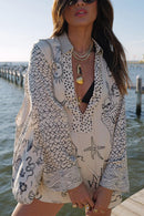 Collared V Neck Shirt and Side Slit Shorts Vitamin Sea Print Set