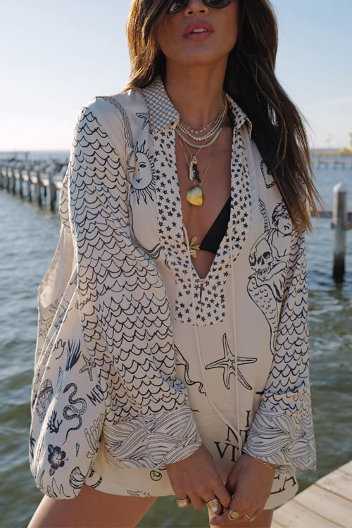 Collared V Neck Shirt and Side Slit Shorts Vitamin Sea Print Set