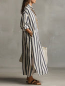 Casual Striped Shirt Bohemian Style Maxi Dress