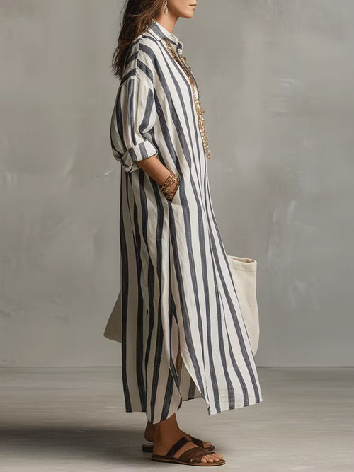 Casual Striped Shirt Bohemian Style Maxi Dress