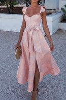 Ruffled Shoulder Bow Knot Waist Slit Printed Vintage Party Dress