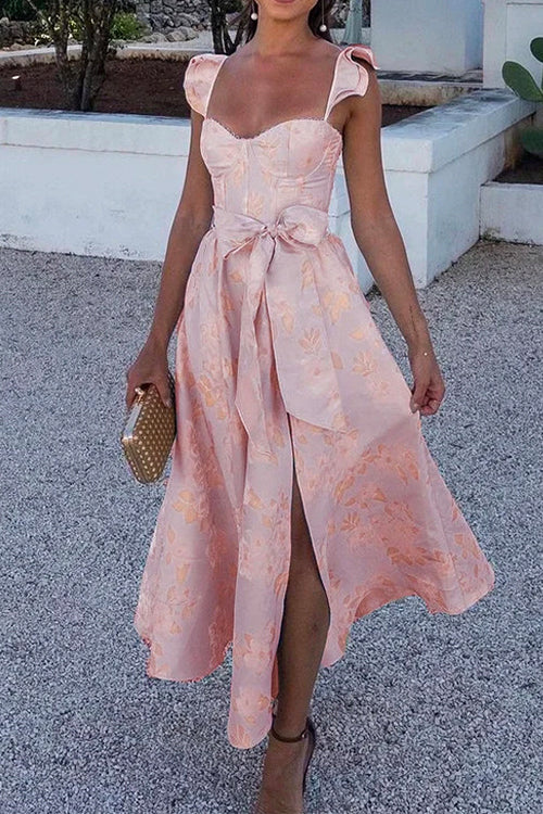 Ruffled Shoulder Bow Knot Waist Slit Printed Vintage Party Dress