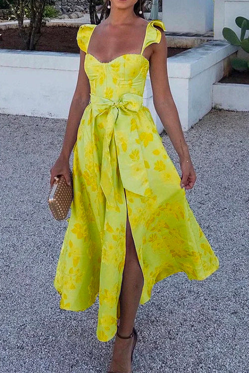 Ruffled Shoulder Bow Knot Waist Slit Printed Vintage Party Dress