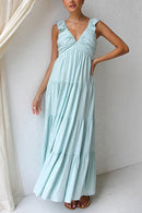 V Neck Ruffle Trim Tiered Sleeveless Linen Maxi Dress