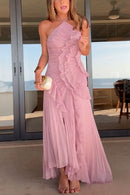 Strappy Halter Neck Ruffle Trim Asymmetric Hem Pleated Maxi Dress