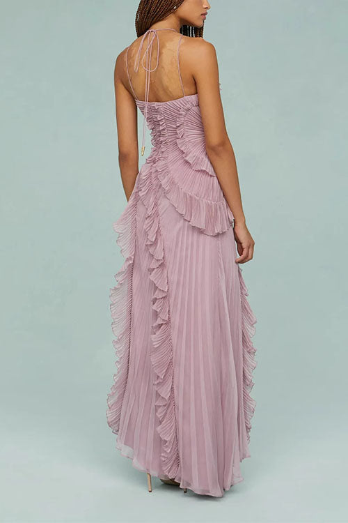 Strappy Halter Neck Ruffle Trim Asymmetric Hem Pleated Maxi Dress