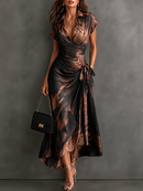 Red Black Abstract Print Wrap Midi Dress Collared V Neck Short Sleeve Tie Waist Ruffled High‑Low Hem Dress