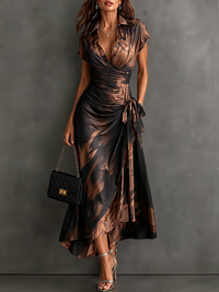Brown Black Abstract Print Wrap Midi Dress Collared V Neck Short Sleeve Tie Waist Ruffled High‑Low Hem Dress