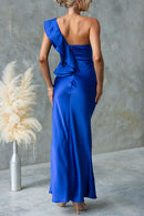Ruffle One Shoulder Satin Maxi Party Dress