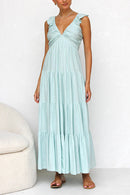 V Neck Ruffle Trim Tiered Sleeveless Linen Maxi Dress