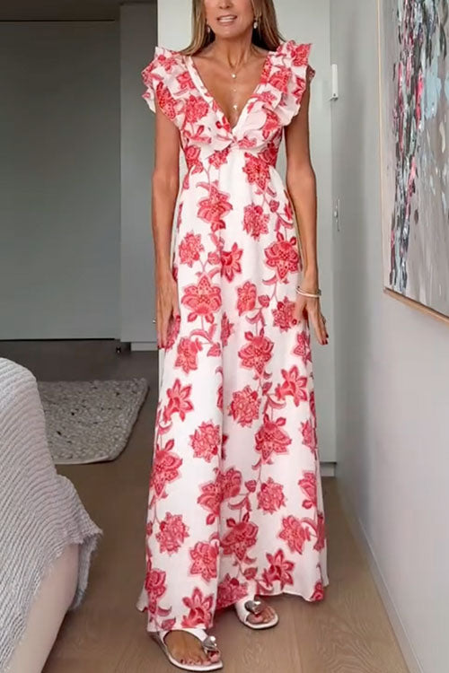 Ruffle V Neck Tie Back Floral Print Maxi Dress