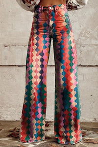 High Rise Color Block Printed Wide Leg Pants