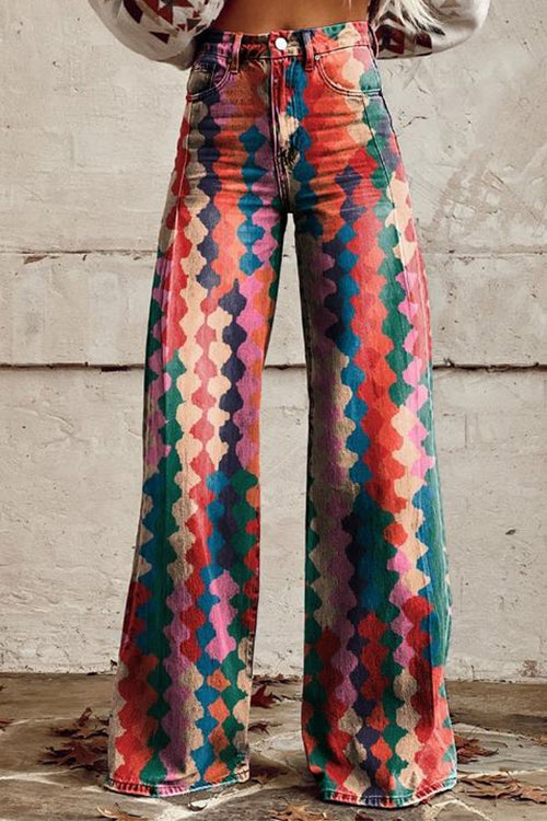 High Rise Color Block Printed Wide Leg Pants