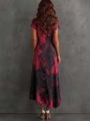 Red Black Abstract Print Wrap Midi Dress Collared V Neck Short Sleeve Tie Waist Ruffled High‑Low Hem Dress