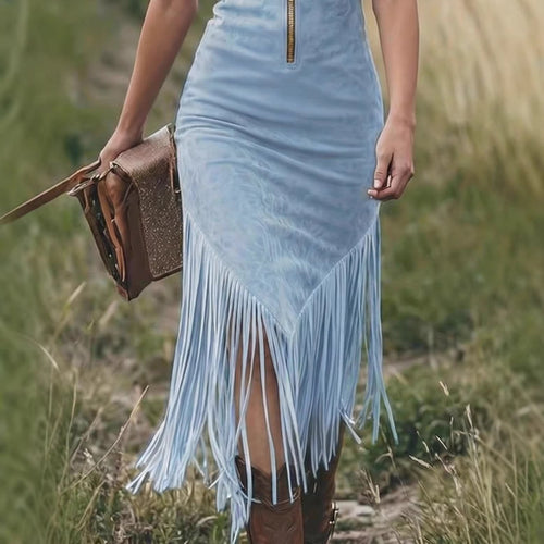 Diletta | Midi dress in light blue faux suede with gold zipper and fringes