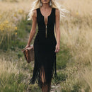 Diletta | Midi dress in light blue faux suede with gold zipper and fringes