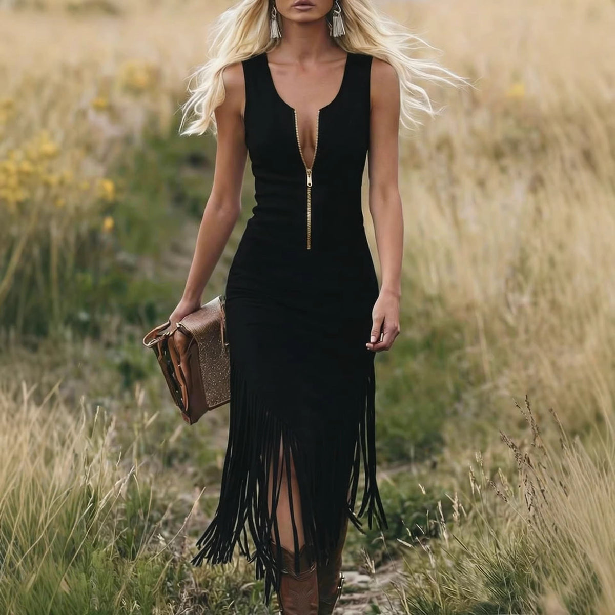 Diletta | Midi dress in light blue faux suede with gold zipper and fringes