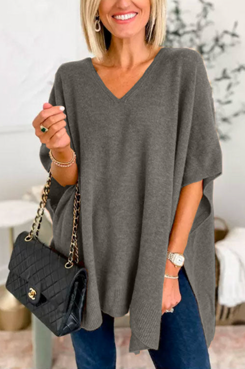 10 Colors V Neck Loose Fit Solid Poncho Sweater