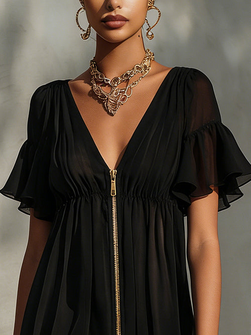 Arabella | Black Lace Mini Dress with Front Zip