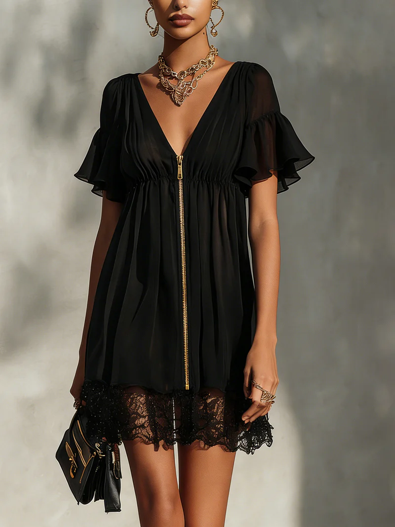 Arabella | Black Lace Mini Dress with Front Zip
