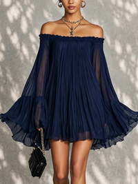 Flavia | Navy Off-Shoulder Pleated Mini Dress