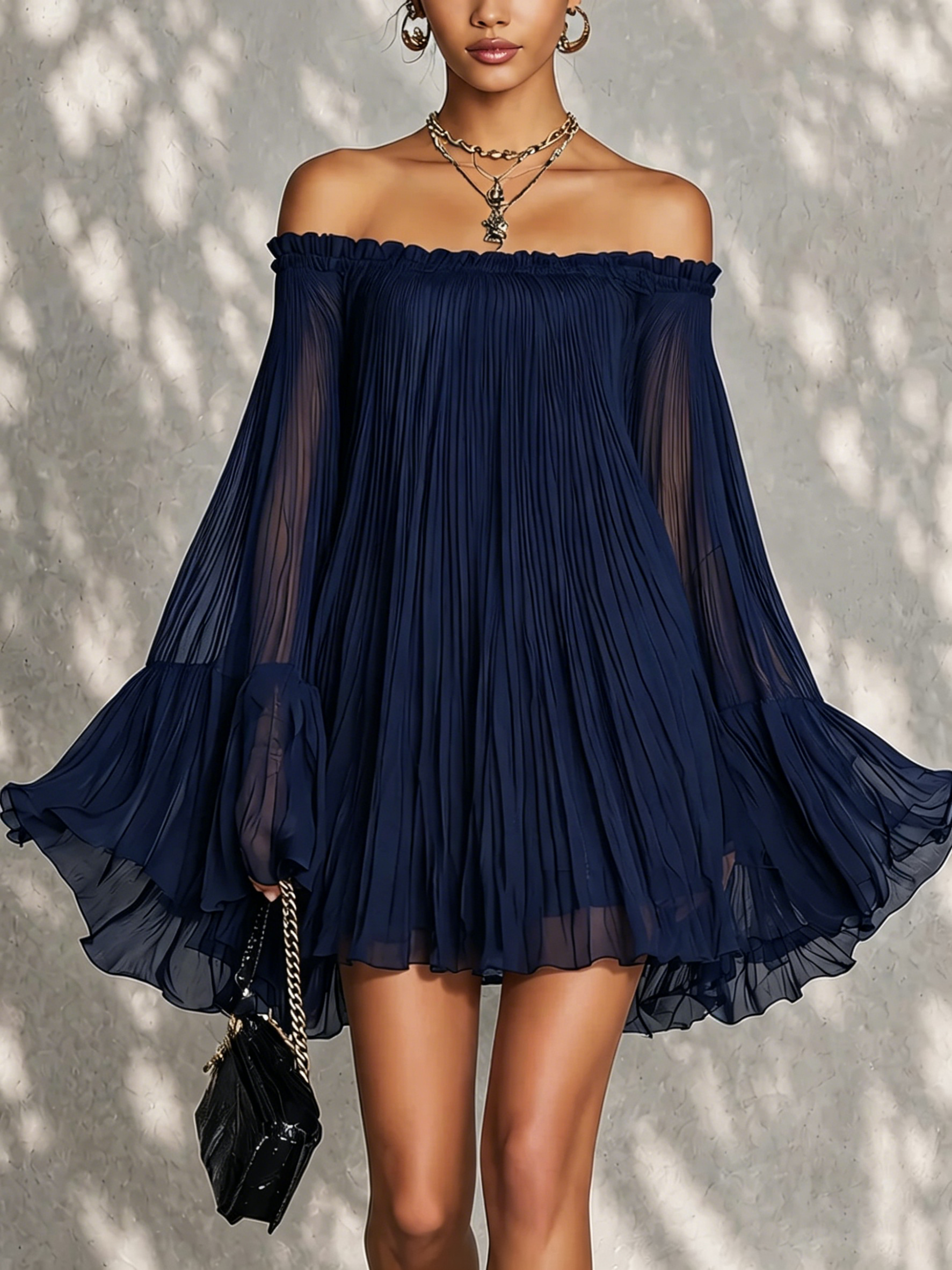 Flavia | Navy Off-Shoulder Pleated Mini Dress