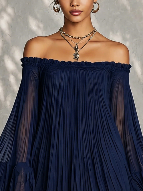 Flavia | Navy Off-Shoulder Pleated Mini Dress