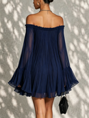 Flavia | Navy Off-Shoulder Pleated Mini Dress