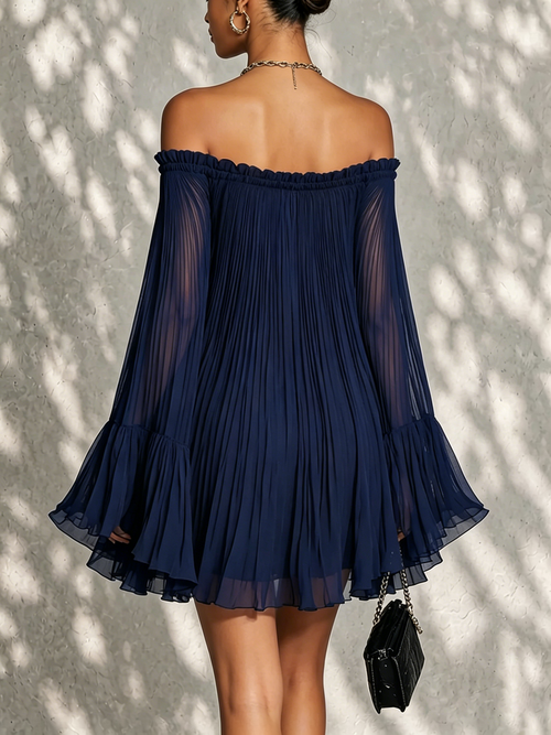 Flavia | Navy Off-Shoulder Pleated Mini Dress