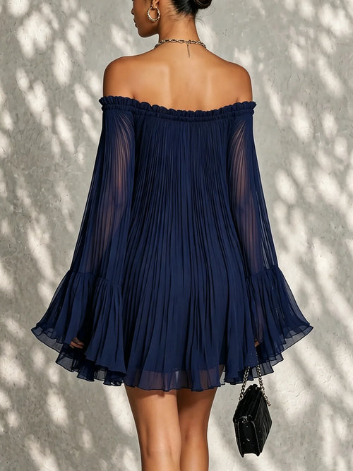 Flavia | Navy Off-Shoulder Pleated Mini Dress