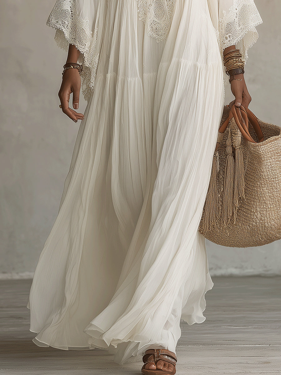 Celeste | Ivory Chiffon Maxi Dress with Lace