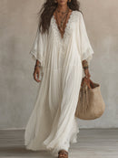Celeste | Ivory Chiffon Maxi Dress with Lace