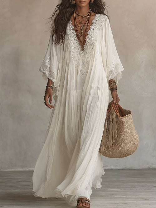 Celeste | Ivory Chiffon Maxi Dress with Lace