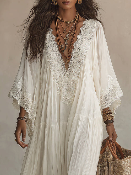Celeste | Ivory Chiffon Maxi Dress with Lace