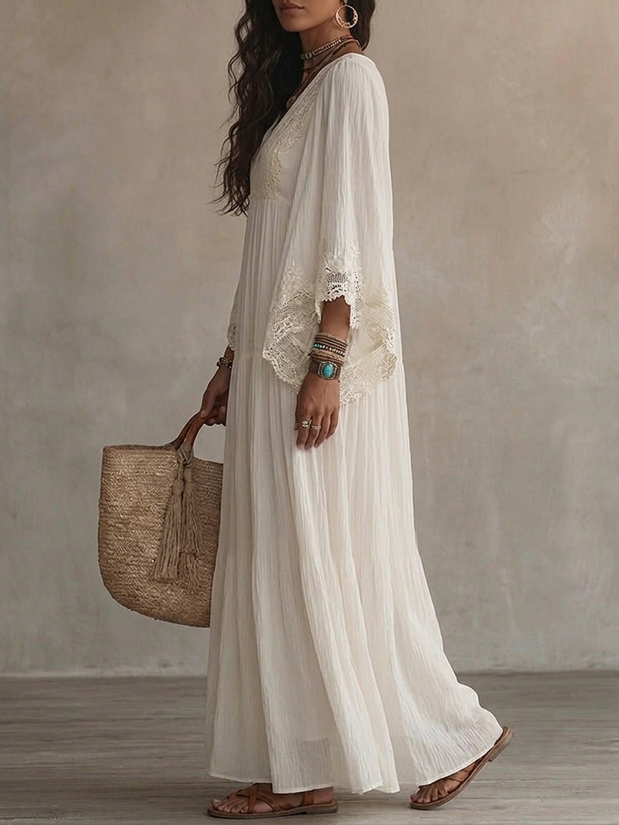 Celeste | Ivory Chiffon Maxi Dress with Lace