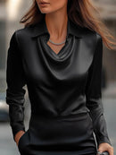 Solid Satin Floral Print Simple Swing Collar Shirt Top