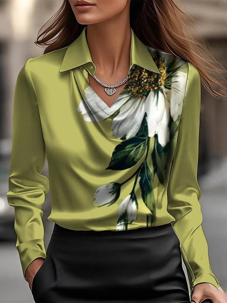 Solid Satin Floral Print Simple Swing Collar Shirt Top