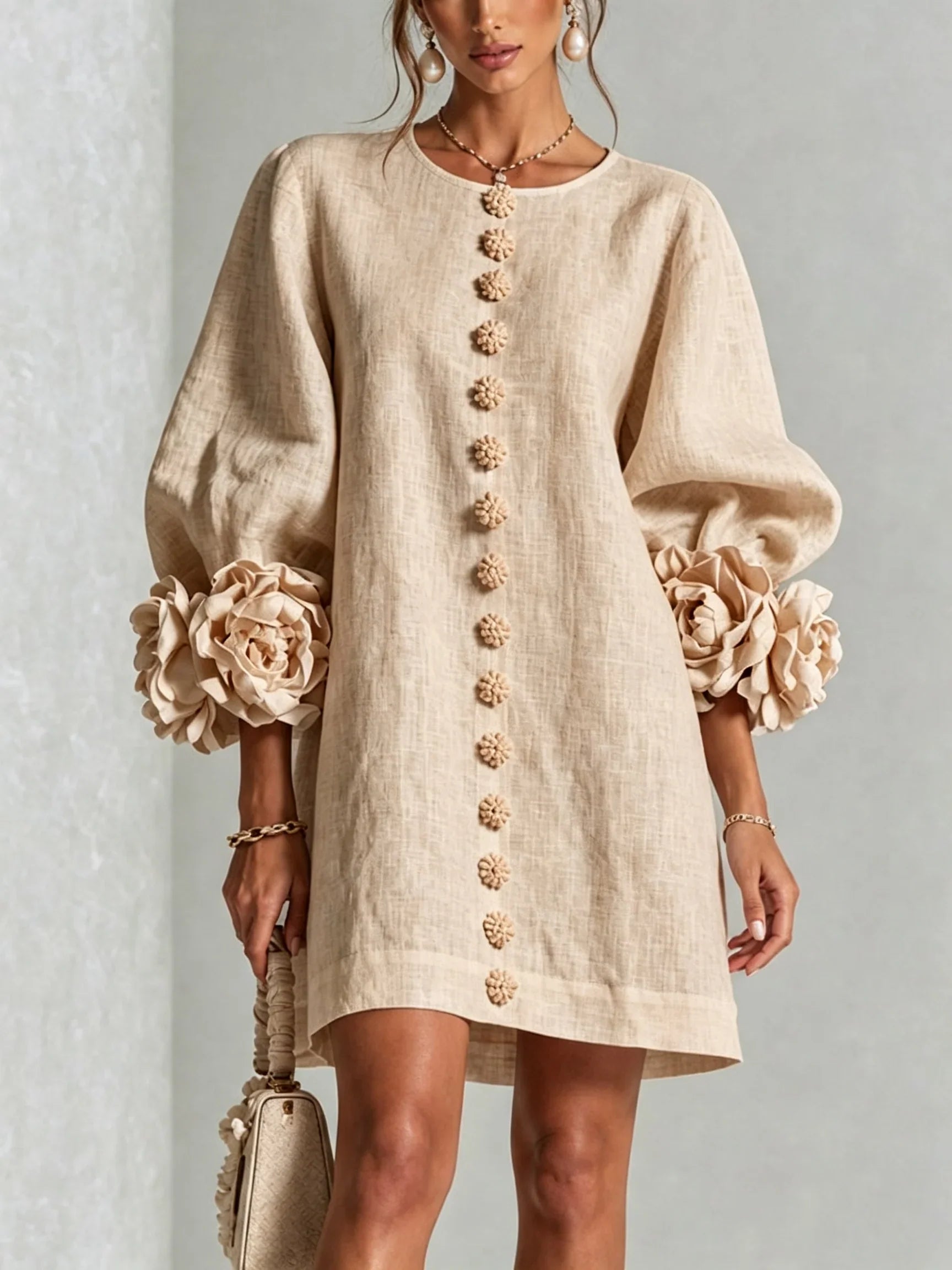 Floral Button-down Midi Dress With Striking Floral Cuffs