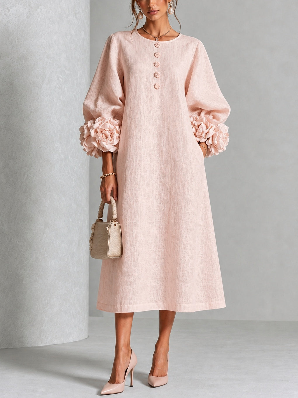 Floral Button-down Midi Dress With Striking Floral Cuffs