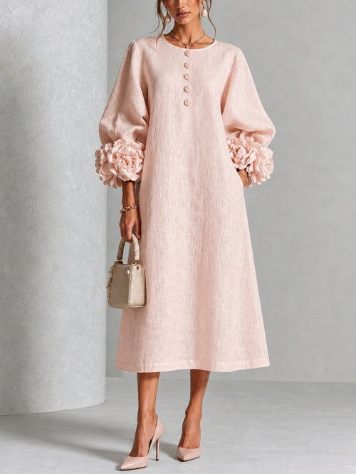 Floral Button-down Midi Dress With Striking Floral Cuffs
