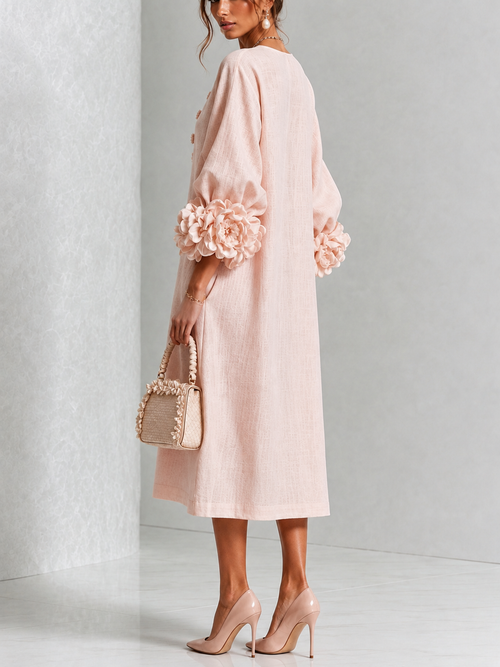 Floral Button-down Midi Dress With Striking Floral Cuffs