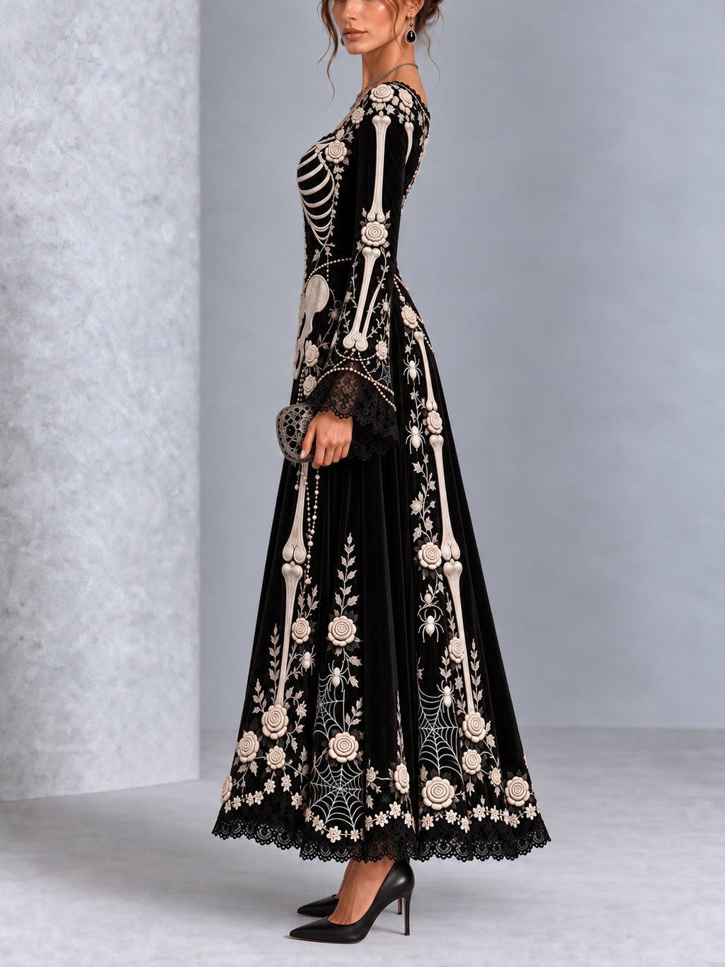 Gothic Halloween Skull Rose Print Lace Flared Sleeve Maxi Dress