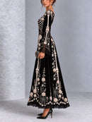 Gothic Halloween Skull Rose Print Lace Flared Sleeve Maxi Dress